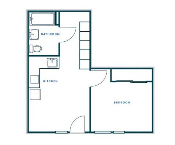 A floor plan of a room with a kitchen, bathroom and bedroom.