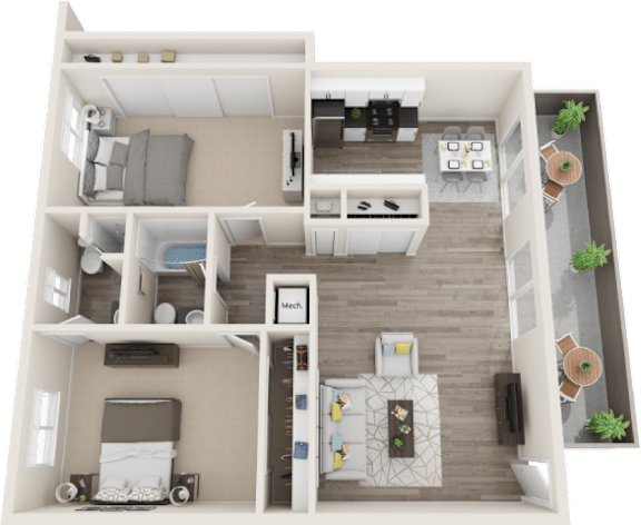 A 3D floor plan of a small apartment with a kitchen, living room, and bedroom.