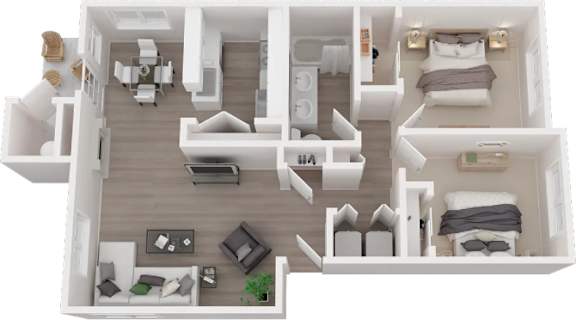 Floor Plan  A 3D floor plan of a house with multiple rooms and furniture.