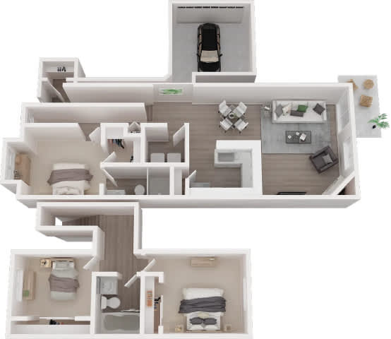 Floor Plan  A floor plan of a two-bedroom apartment with a car parked in the garage.