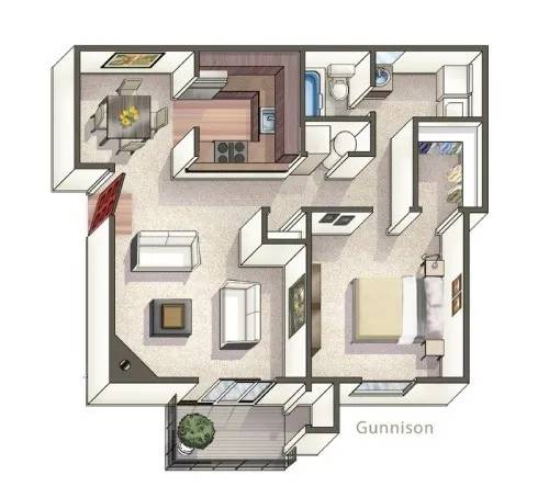 A floor plan of a Gunnison apartment with a kitchen, living room, and bathroom.