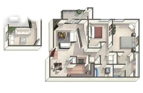 A floor plan of a multi-level home with a staircase in the center.