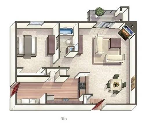 A floor plan of a home layout with a kitchen, living room, and bedrooms.