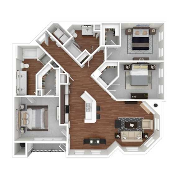 A top-down view of a house layout with a living room, kitchen, and bedrooms.