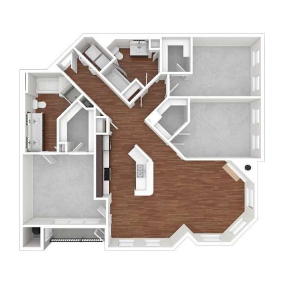 A 3D rendered image of a house layout.