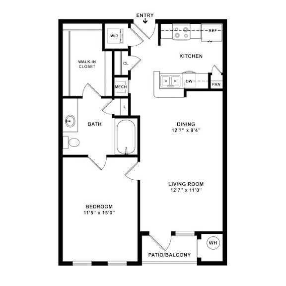 A black and white floor plan of a small apartment.