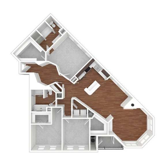A 3D in-home layout with a kitchen, living room, and bathroom.