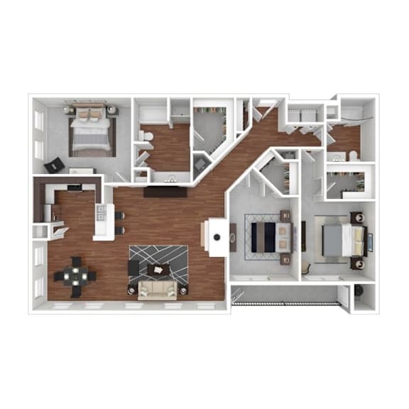 A 3D floor plan of a house with multiple rooms and furniture.