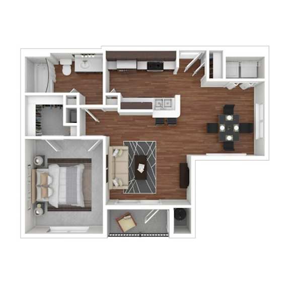 A top-down view of a modern apartment layout with a kitchen, living room, and bedrooms.