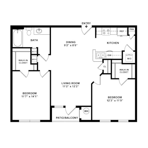 A black and white floor plan of a house with labeled rooms.