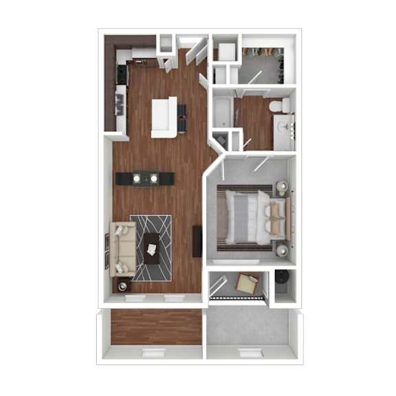 A top-down view of a small apartment layout with a kitchen, living room, and bathroom.