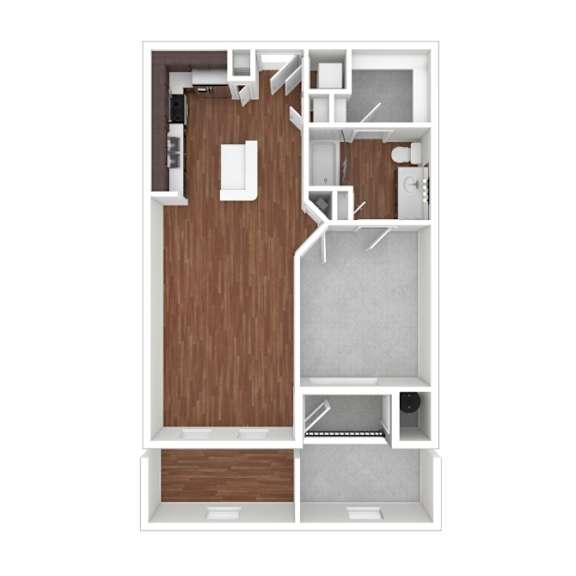 A 3D floor plan of a small apartment with a kitchen, living room, and bedroom.