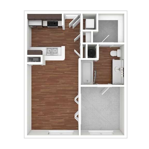 A top down view of a small apartment with a kitchen, living room, and bathroom.