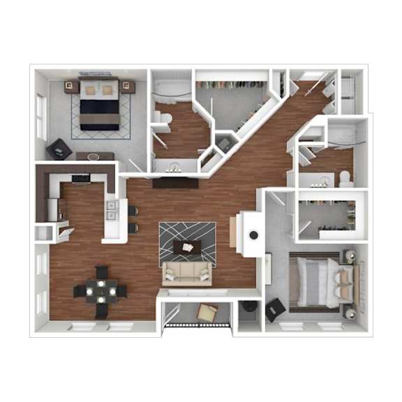 A floor plan of a house with a kitchen, living room, and bedrooms.