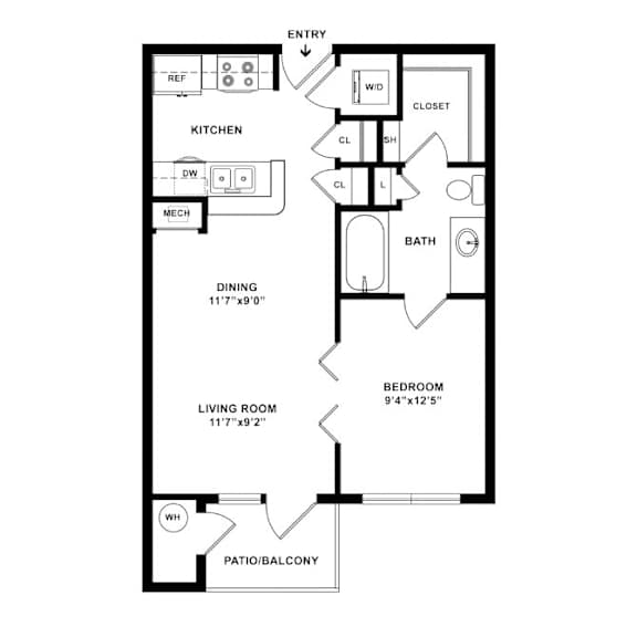 A black and white image of a floor plan for a small apartment.