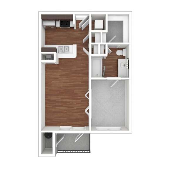 A floor plan of a small apartment with a kitchen, living room, and bathroom.