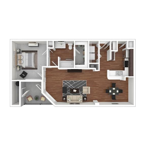 A floor plan of a house with a kitchen, living room, and two bedrooms.