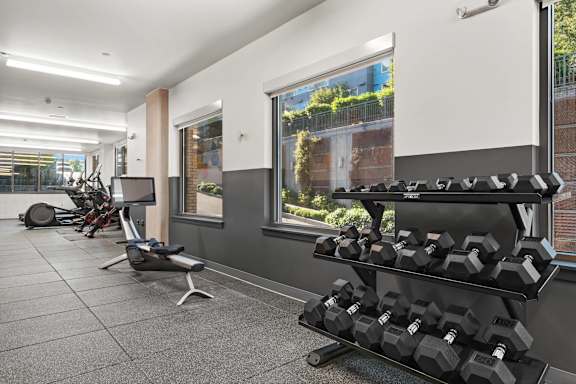 A gym with weights and exercise equipment.