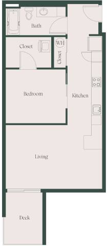 A floor plan of a house with a living room, bedroom, kitchen, bathroom, closet, and deck.