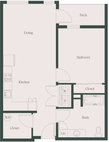 A floor plan of a house with a living room, kitchen, bedroom, and bathroom.