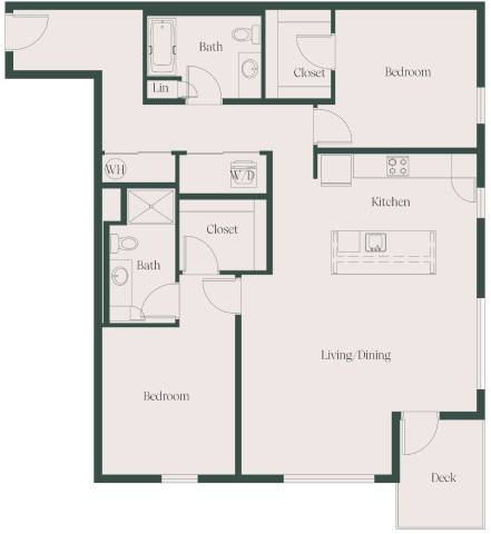 A floor plan of a house with a deck and a living/dining area.