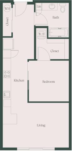 A floor plan of a house with a living room, kitchen, two bedrooms, and two closets.