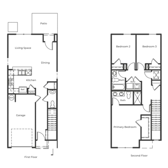 A floor plan of a two-story house with labeled rooms.