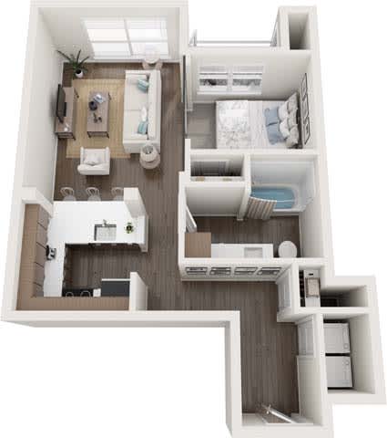 A 3D floor plan of a small apartment with a kitchen, living room, and bathroom.