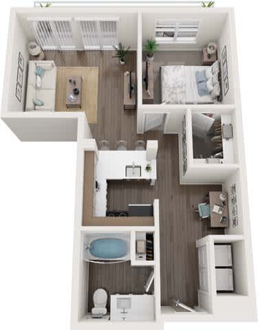 A top-down view of a small apartment with a kitchen, living room, and bathroom.