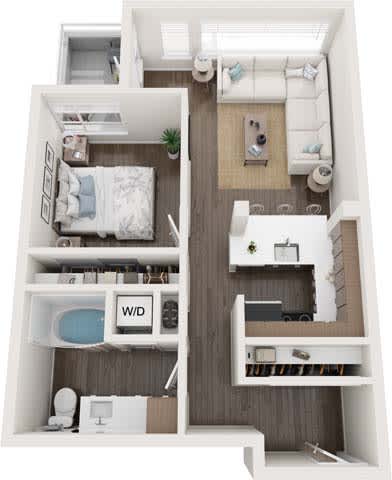 A floor plan of a small apartment with a bedroom and a living room.