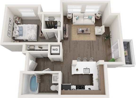 A top down view of a small apartment with a bedroom, living room, kitchen, and bathroom.