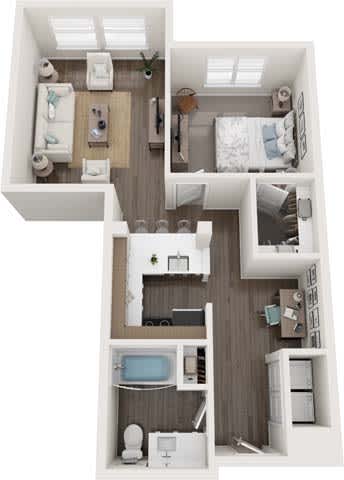 A top-down view of a small apartment with a bedroom, living room, and bathroom.