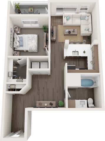 A 3D floor plan of a small apartment with a kitchen, living room, bedroom, and bathroom.
