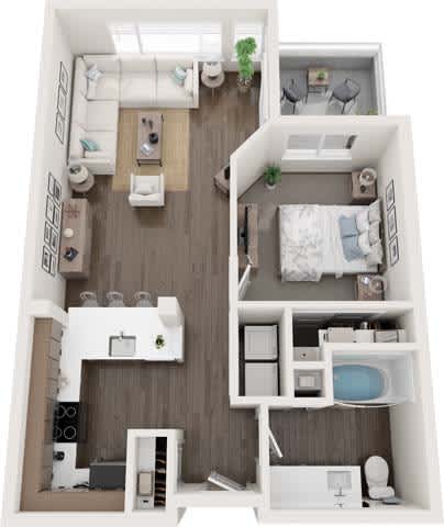 A 3D floor plan of a small apartment with a bedroom, living room, and bathroom.