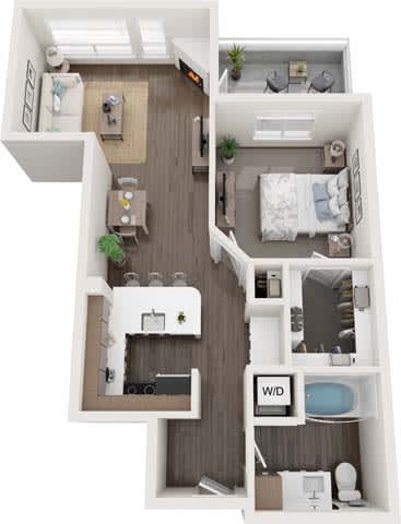 A top-down view of a small apartment with a living room, kitchen, and bedroom.