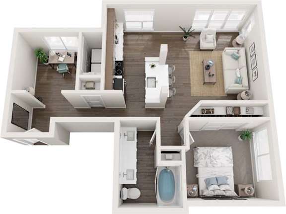 A top-down view of a modern, well-lit, and spacious apartment with a kitchen, living room, dining area, and bedroom.