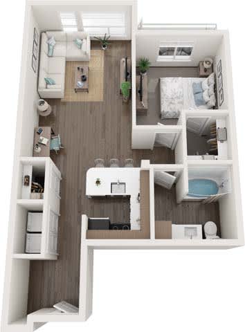 A 3D floor plan of a small apartment with a kitchen, living room, and bathroom.