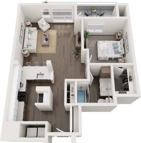 A top-down view of a small apartment with a kitchen, living room, and bedroom.