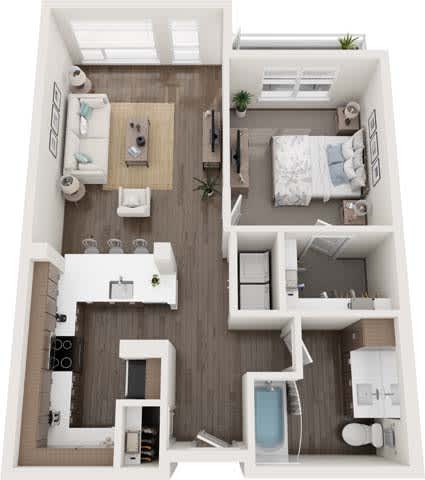 A top-down view of a small apartment with a kitchen, living room, and bathroom.
