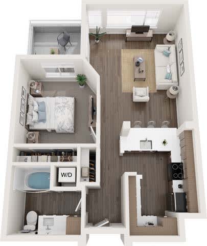 A top-down view of a small apartment with a bedroom, living room, and bathroom.