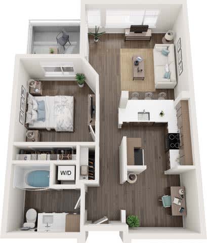 A top-down view of a small apartment with a bedroom, living room, and kitchen.