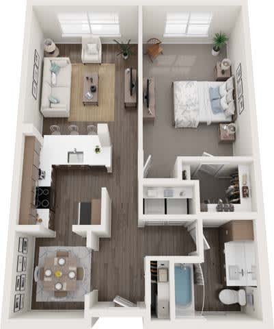 A top-down view of a small, well-organized apartment with a kitchen, living room, and bedroom.