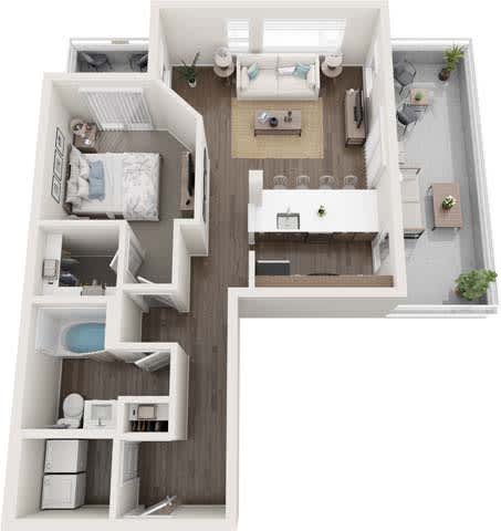 A top-down view of a small apartment with a kitchen, living room, and bedroom.