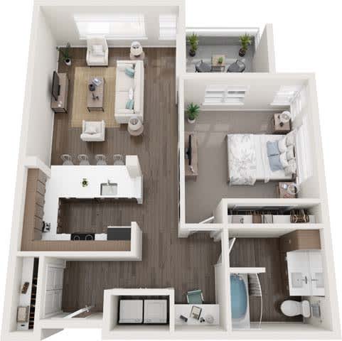 A 3D floor plan of a small apartment with a bedroom, living room, and bathroom.