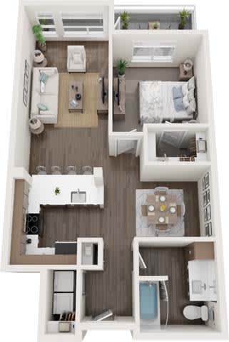 A top-down view of a small apartment with a kitchen, living room, and bathroom.