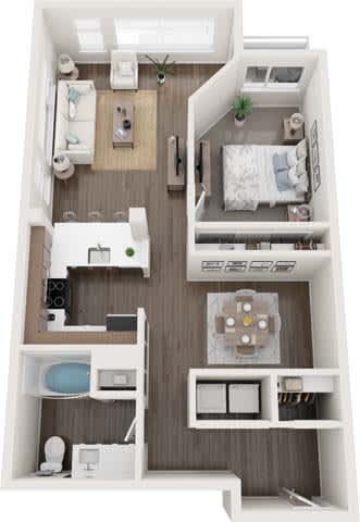A top-down view of a small apartment with a bedroom, living room, and kitchen area.