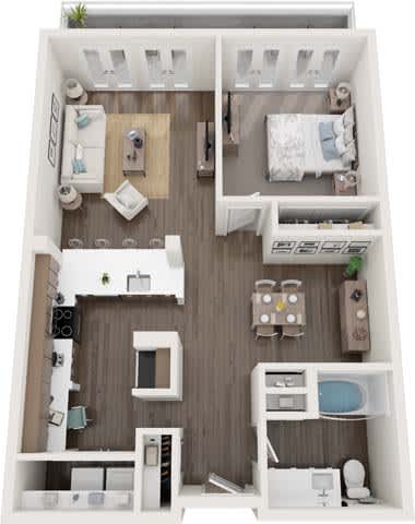 A dollhouse with a white and brown color scheme has a kitchen, living room, and two bedrooms.