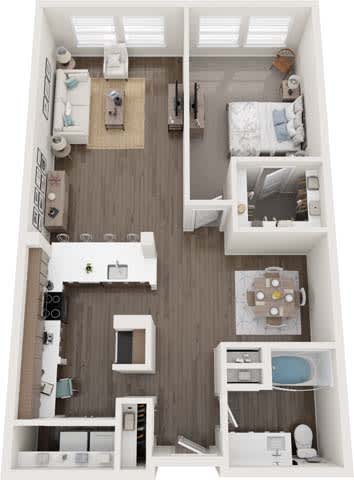A top-down view of a small apartment with a kitchen, living room, and bathroom.
