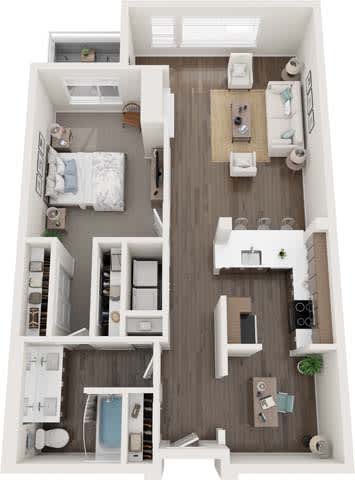 A top-down view of a small apartment with a bedroom, living room, and kitchen.