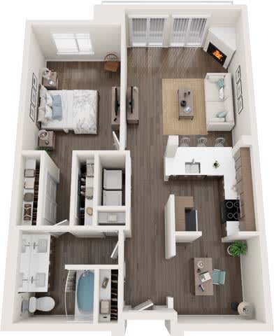 A top-down view of a small apartment with a bedroom, living room, and kitchen.